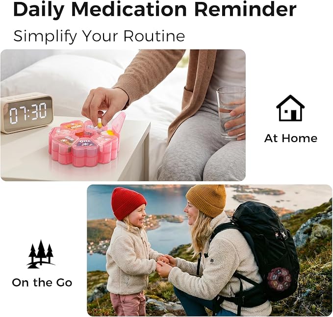 LANDNEOO Weekly Pill Organizer 2 Times a Day, Cute Double-Sided AM PM Pill Case 7 Day, Pink Travel Pill Box for Medication, Vitamins, Fish Oils, Supplements - Pink