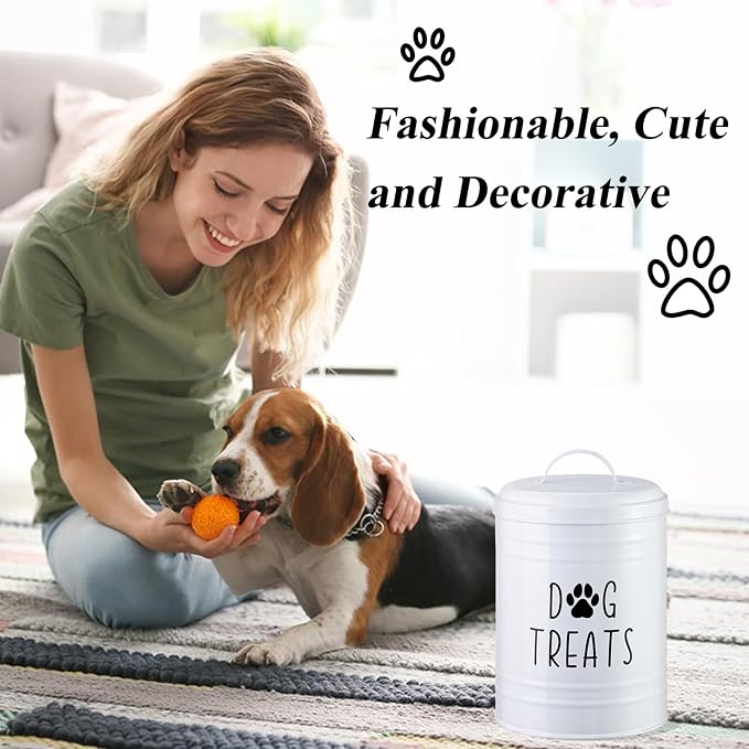 Dog Treat Container Airtight, 9.1''Hx5.5''W, 10 Cup Capacity (White) | Airtight Lid Keep Food Fresh,Large Capacity Dog Treat Jar Suitable All Popular Treats,Dent-Resistant Durable Metal Cookie Jar