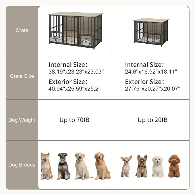 Hadulcet 41'' Foldable Dog Crate Furniture, Large Dog Kennel with 2 Bowls | Wooden Crate Table with Storage Top, Furniture Style Indoor Kennel for Small to Large Dogs with Rotating Food Door, Gray