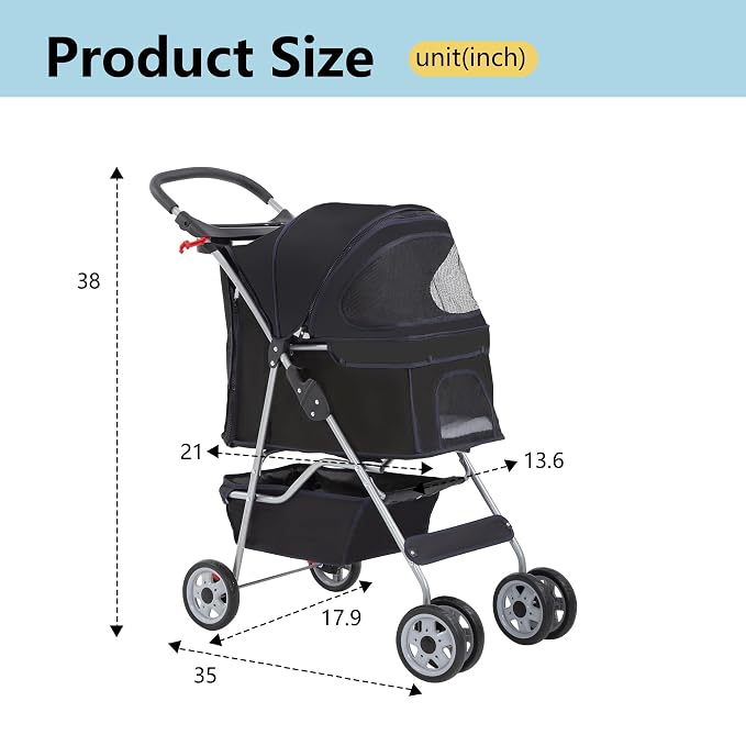 FDW Pet Stroller 4-Wheel Dog Cat Stroller Travel Folding Carrier with Cup Holder and Removable Liner for Small Medium Dogs Cats, Dark Black