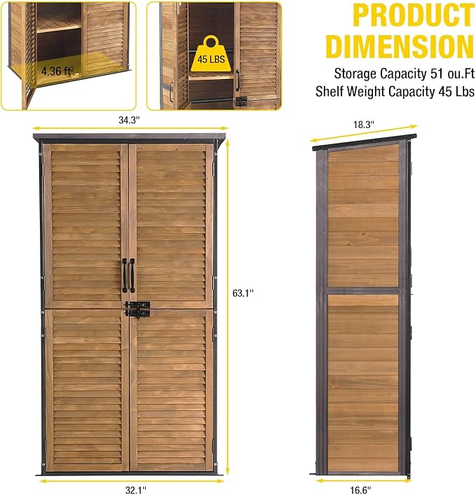 Aivituvin Outdoor Storage Shed with Adjustable Shelves and Floor, Garden Sheds with Iron Frame and Wooden Frame, Outdoor Tool Cabinets with Inclined Weatherproof Roof