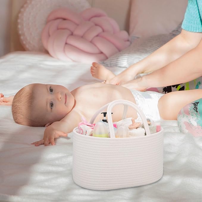 COMSE Baby Diaper Caddy Organizer with Handles, Cotton Rope, White