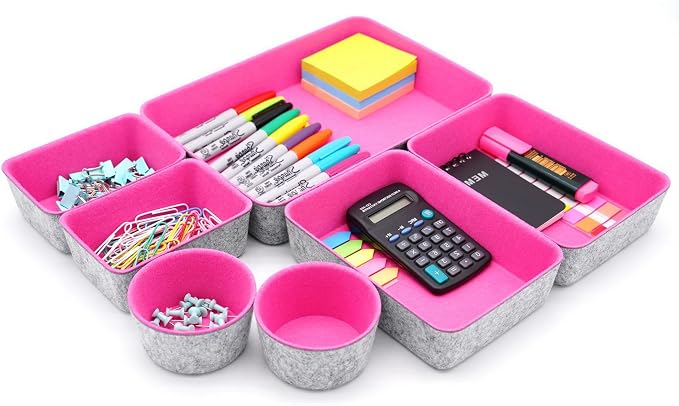 Welaxy Drawer organizer bins felt tray desk storage dividers 7pc Hot pink