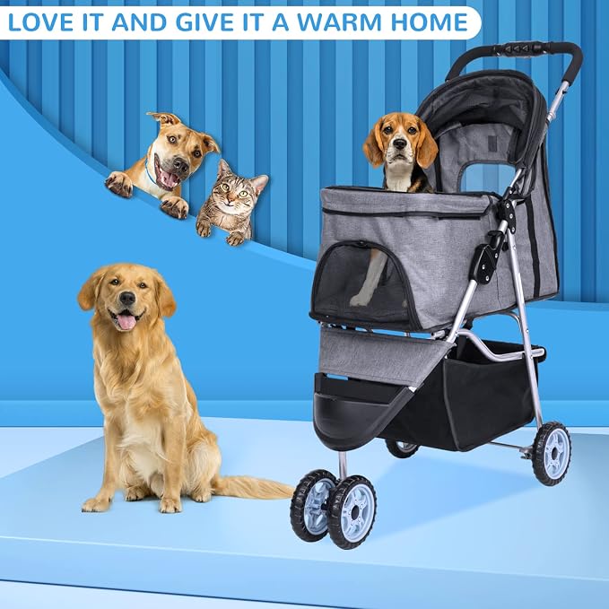 BLKMTY 3 Wheels Dog Stroller, Foldable Stroller for Cat, Dogs Waterproof Travel Carrier Strolling Cart for Puppy Small Dog Jogger Strollers W/Cup Holder & Storage Basket, Grey