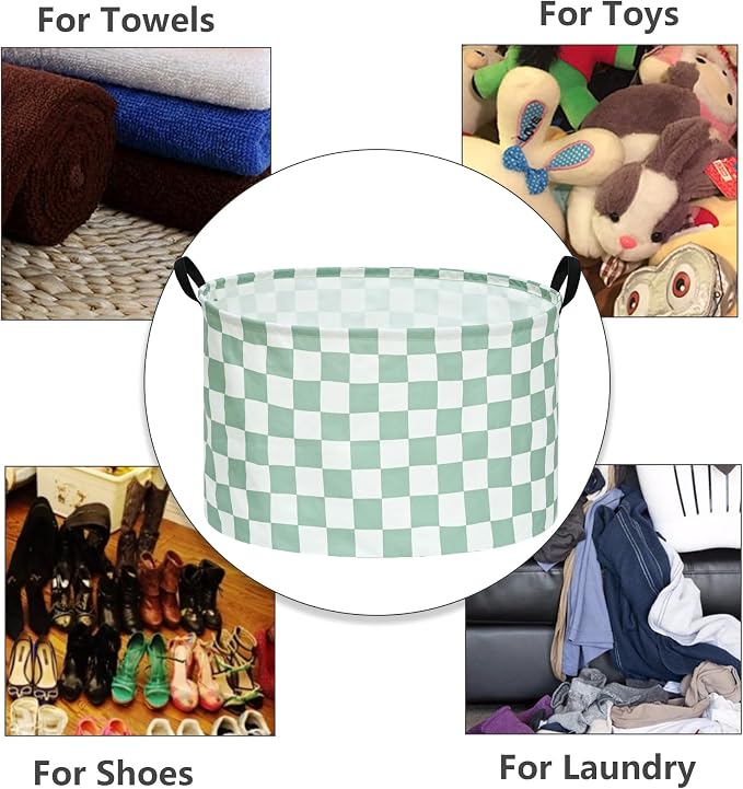 MAIZMZ Sage Checkered Storage Basket Extra Large 80L Kids Hamper Baby Laundry Basket Waterproof Toys Car Organizer Collapsible Canvas for Home/Dorm/Pet/Office/Closet/Shelf/Gift Baskets