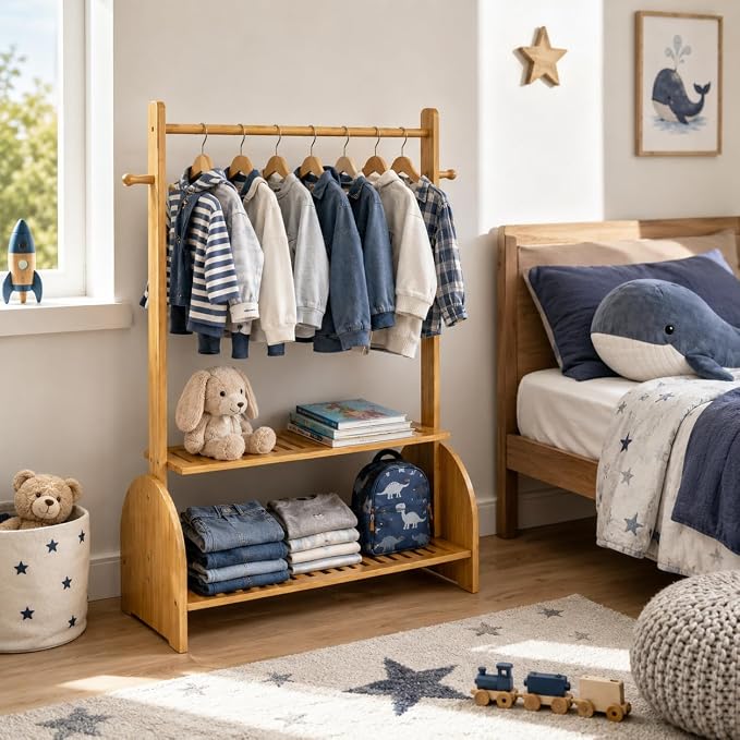 BAMBOOHOMIE Kids Clothing Rack with Adjustable Rods, Children Clothes Garment Rack for Kids Baby Pet, Kids Dress Up Rack with 2 Bottom Shelves, Kids Wardrobe Closet for Toddlers Nursery (Natural)