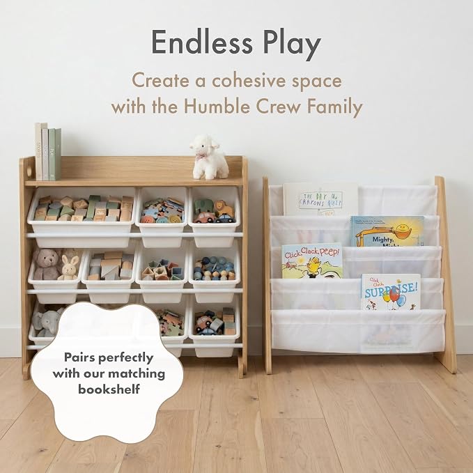 Humble Crew Kids Toy Organizer with Display Shelf, 9 Bins, 3 Tier Storage | Sturdy wood and steel toddler shelf, removable BPA-free containers, wall anchor anti-tip safety kit for bedroom or classroom
