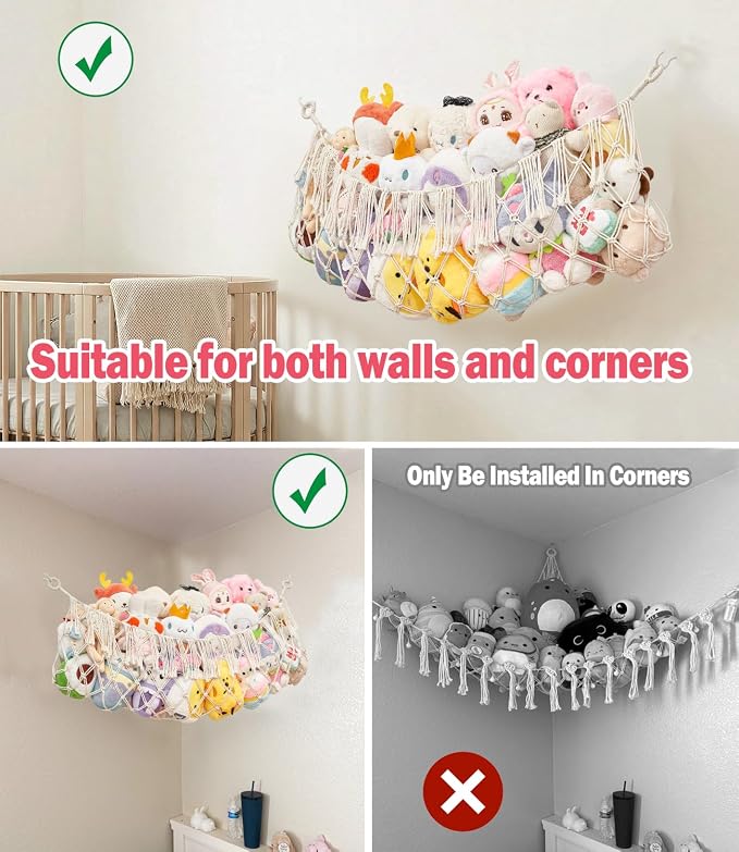 Stuffed Animal Net Hammock, Save Space Eliminate Clutter (white) | Premium Cotton Hand-knitted plush hammock, Boho Stuffed Animal Storage for Nursery, Bedroom Decor, playrooms