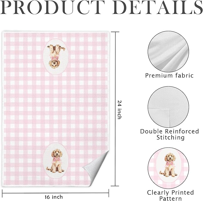 Pink Plaid Cockapoo Kitchen Towels 16x24 Inch, Cockapoo Lovers Gifts Decorative Hand Towels for Bathroom, Pink Checkered Dog Dish Tea Towel Drying Cloth