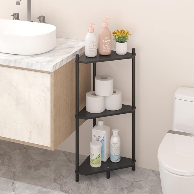Wisuce Black Small Corner Shelf Stand, 3-Tier Bamboo Corner Bookshelf | Space-Saving Narrow Corner Shelf | Bathroom Corner Shelf | Shelves for Bedroom, Living Room, Kitchen & Plant Display