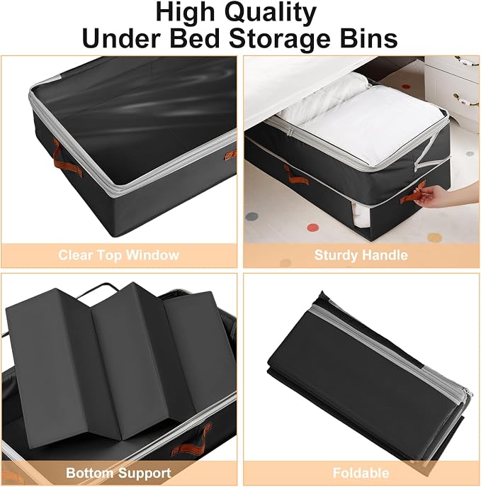 Under Bed Storage Bins - 98L Height-adjustable Under Bed Storage Containers, Compression Blanket Storage Comforter Storage Sweater Storage, Clothes Storage Bins With Clear Window, 2 Pack Black