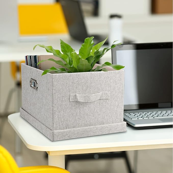 Storage Bins with Lids Fabric Closet Organizers Cubes Office Organization | 21 Quart 5 Pack Beige Collapsible Stackable Linen Fabric 4 Handles Bedroom Closet Cabinet Under Bed Clothes Toy Office File