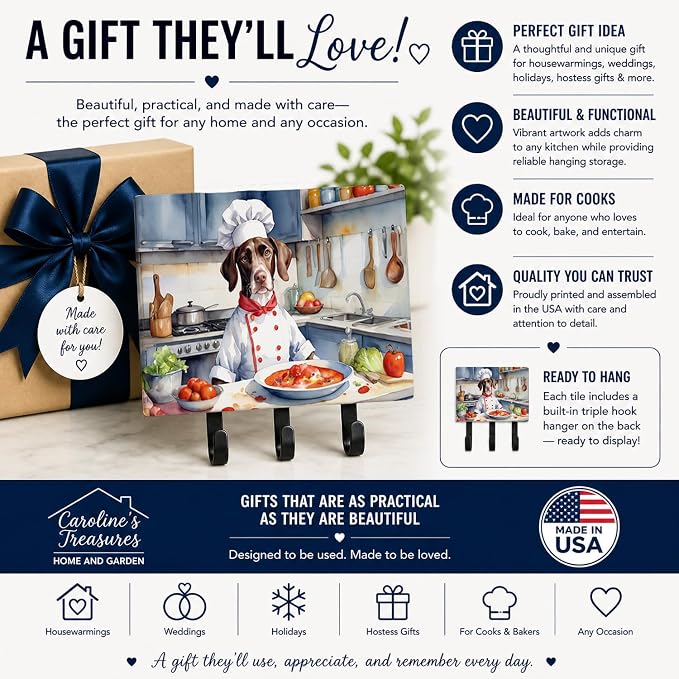 Caroline's Treasures Pointer The Chef Leash or Key Holder Wall Hooks, Key Hooks Holder, Coat Rack Wall Mount, Coat Hooks, Hooks for Hanging Keys, Towels, Aprons, Leashes | Pointer The Chef artwork on ceramic tile with three steel hooks for keys, leashe...
