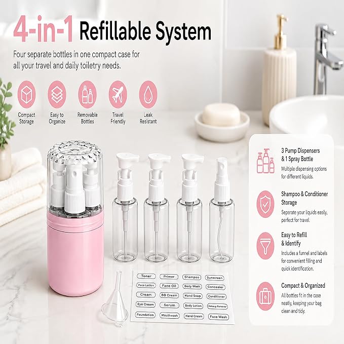 4-in-1 Travel Dispenser with 4 x 50 mL Bottles, Pink | 4 refillable 50 mL bottles, pump and spray tops, included label stickers, compact design for toiletries, travel, gym
