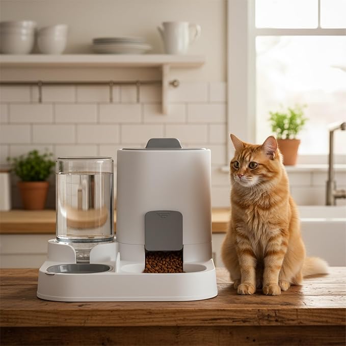 Automatic Cat Feeder and Water Dispenser Set, 2-in-1 Gravity Food Bowl Station for Small Medium Cats Dogs Puppy Kitten Rabbits, Auto Feeding Supplies