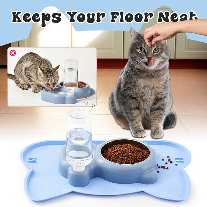 Blue Cat Food and Water Bowl and Non-Slip Silicone Mat Set Stainless Steel Food Bowl with 18.6oz Large Capacity Water Dispenser for Cats and Small Dogs