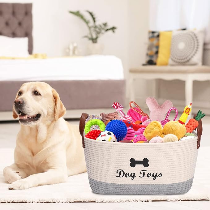 X-Large Cotton Rope Dog Basket with Leather handle Blanket Storage Basket Decorative Clothes Hamper Basket | Extra Large Baskets for Blankets or Laundry-Beige/Gray