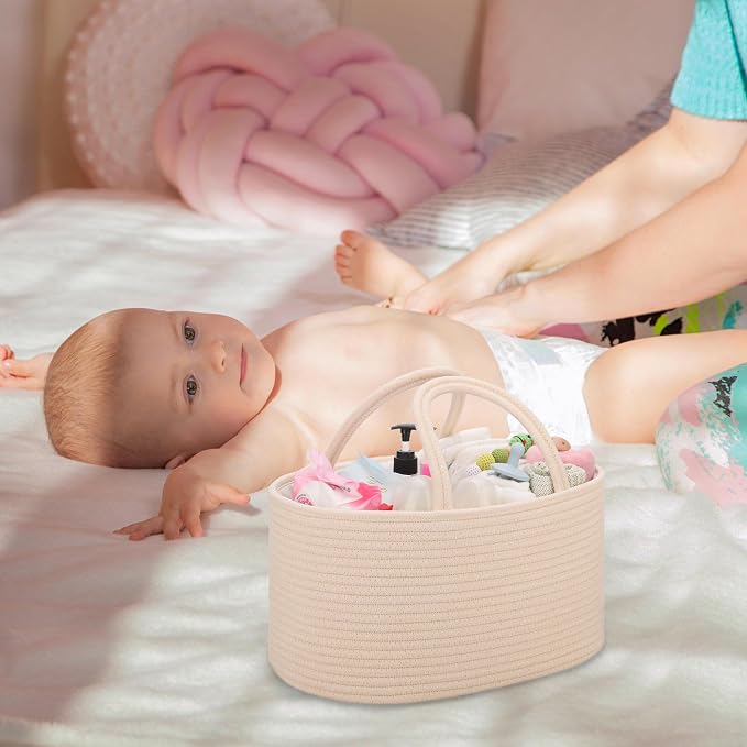 COMSE Baby Diaper Caddy Organizer with Handles, Cotton Rope, Beige