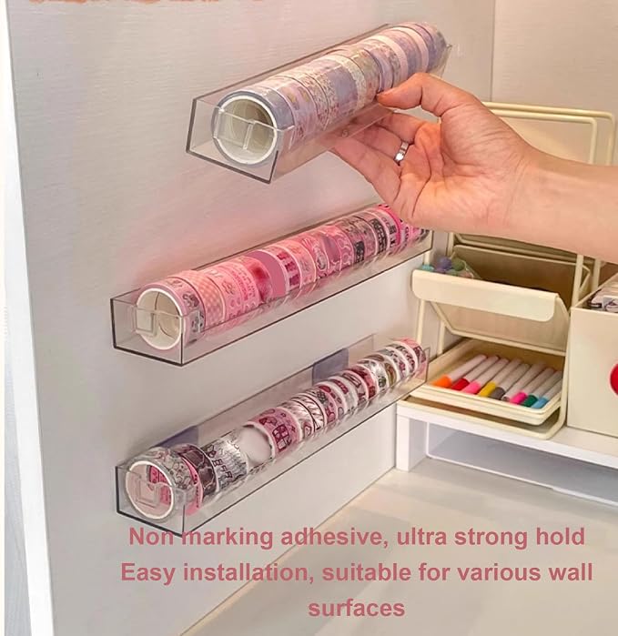 Clear Tape Organizer, PET Washi Tape Holder with Adhesive Mount | Sticker Roll Dispenser for Desk, Wall Mount Label Roll Holder, Craft Supply for Scrapbooking, Ribbon Storage Rack
