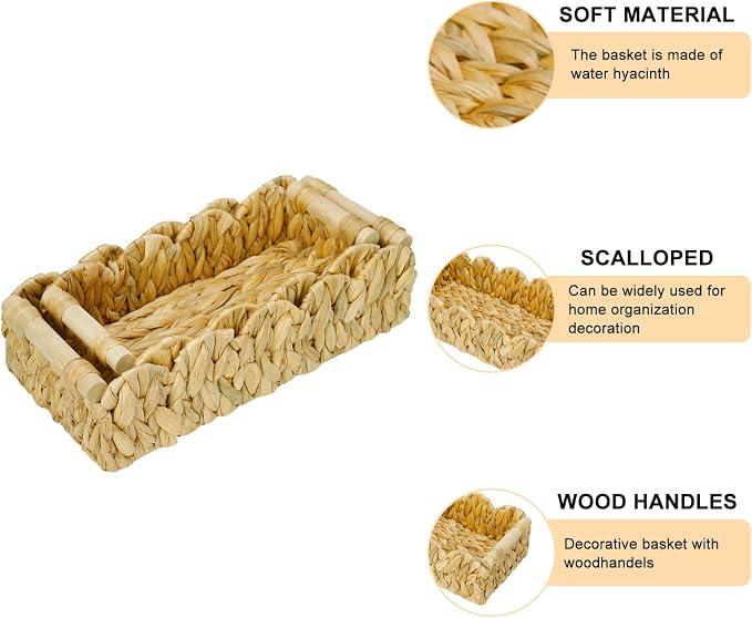 Decorative Toilet Paper Storage Basket, Modern Farmhouse Home Decor Scalloped Basket for Organizing, Pantry Baskets for Shelves, Countertop, Living Room, Wood Handles, Natural Water Hyacinth (2pack)