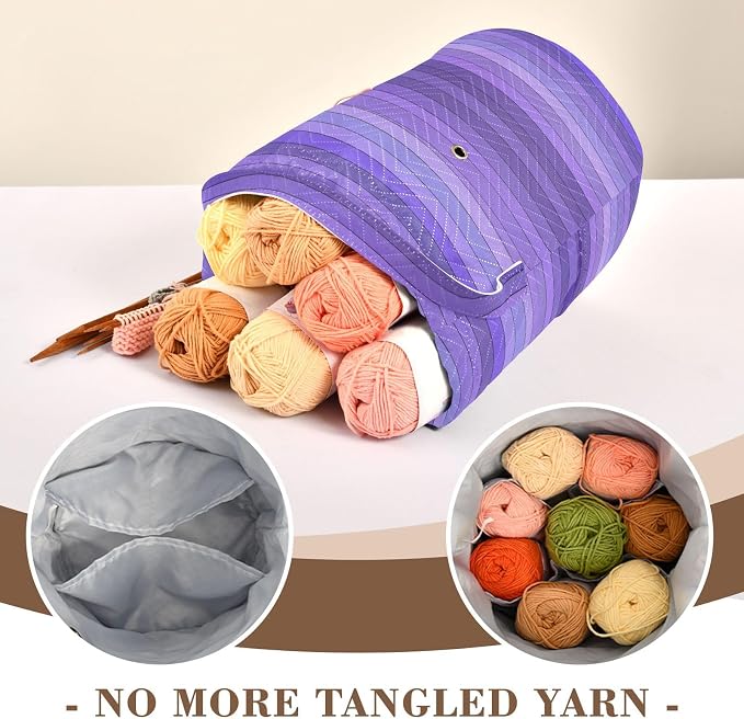 Tatenale Crochet Bag Yarn Bag Knitting Project Bag with Pockets and Handle Portable Yarn Storage Organizer Tangle Free 8.3x11 InchPurple Stripes12