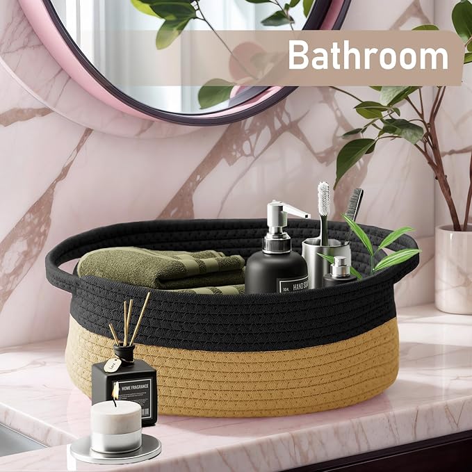 JMvicyroam Small Woven Basket, Empty Gift Basket, Black&Jute/3 Pack | Small Gift Basket, Cotton Rope, 12 x 8 x 83 in, Handles, Includes Ribbon and Bag, Birthday Gift Basket