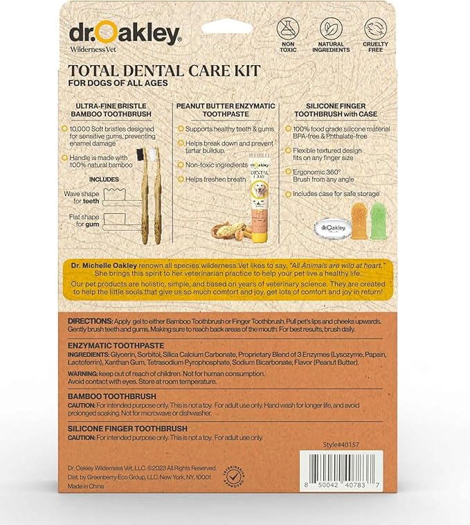 Dr. Oakley Dental Toothbrush Kit for Dogs & Cats -Finger Brush for Small Pets and Soft Brushes for Large or Older Natural and Safe Peanut Butter Flavor -