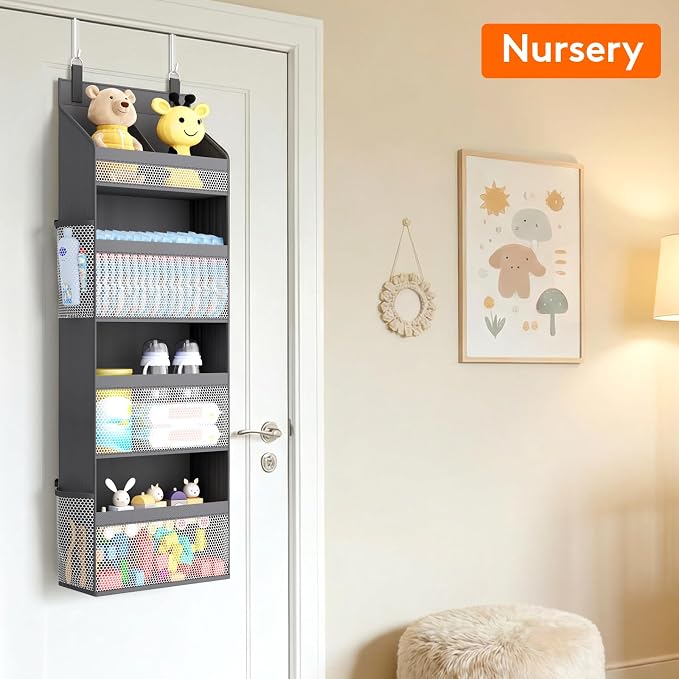 Lifewit 4 Tier Over the Door Organizer, Diaper Hanging Storage, Gray | Nursery Sturdy Large Heavy Duty Back of Door Shelf with 4 Mesh Side Pockets, for Baby Stuff Toy in Pantry, Laundry, Bathroom