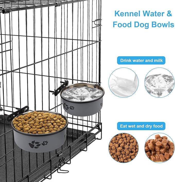 Stainless Steel Dog Crate Bowls Hanging No Spill 2 PCS - Adjustable Mountable Kennel Bowls for Medium/Large Dogs, Anti Spill Water & Food Bowl Set (Gray, M(5.5"+6.3"))