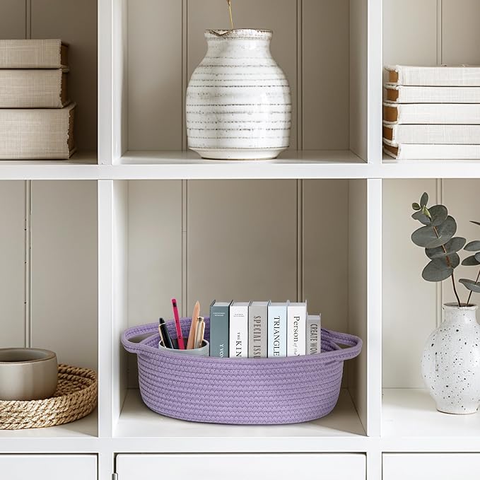 Basket for Gifts Empty, 13"x 9"x 5" Small Purple Woven Rope Bin, Gift Basket Empty, Kids Dog Cat Toy Bin Box, Cute Baby Nursery Organizer, Decorative Storage with Handles, Purple Room Decor