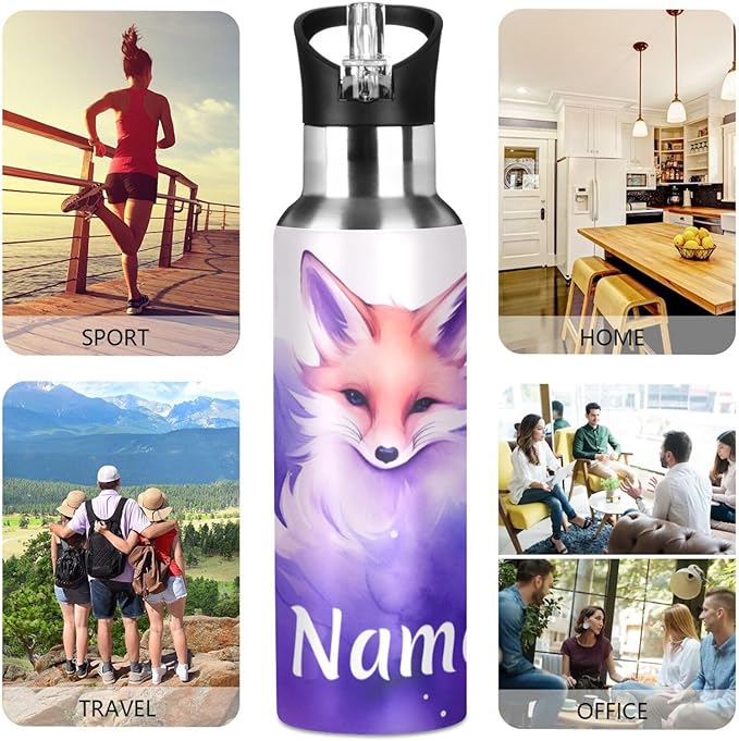 Custom Name Fox Art Water Bottle with Straw Lid Kids Insulated Stainless Steel Water Flask Sports, 20 Oz Hot Cold