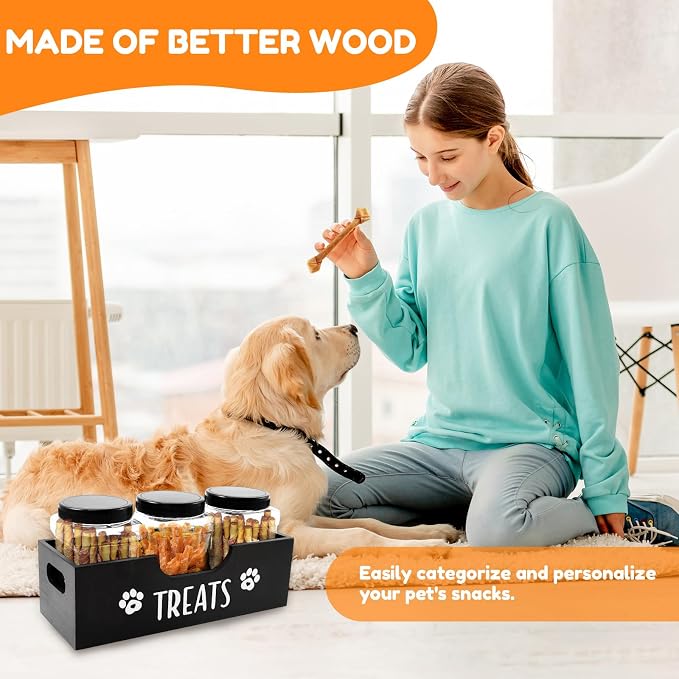 Dog Treat Container, Wood Dog Treat Holder with 3 Plastic Jar and Lid, Multifunctional Pet Food Organizer for Home Living Room Kitchen
