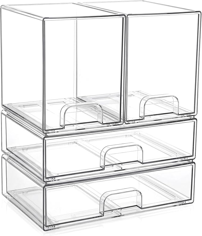 Clear Stackable Storage Drawers: Acrylic Organizer Bins 4 Pack | for Baby Bottle makeup Ideal for Countertop, Vanity, Station, Bathroom, Kichen Cabinet Pantry Organization
