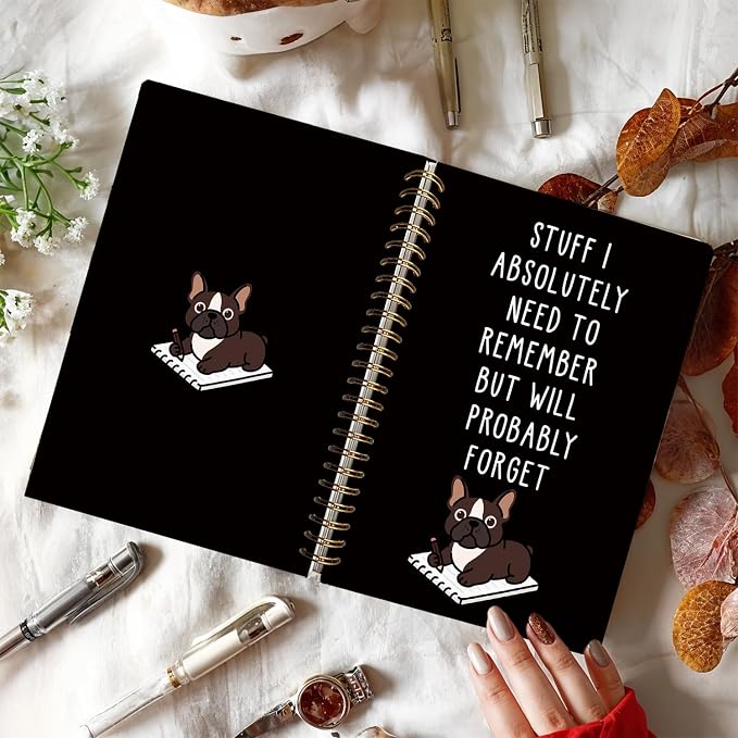 LIANGW Funny French Bulldog Notebook Journal Gifts for Women & Men | Frenchie Gifts for Women, for Coworkers, Black Hardcover Spiral Notebook 5.5x8.3 Inch