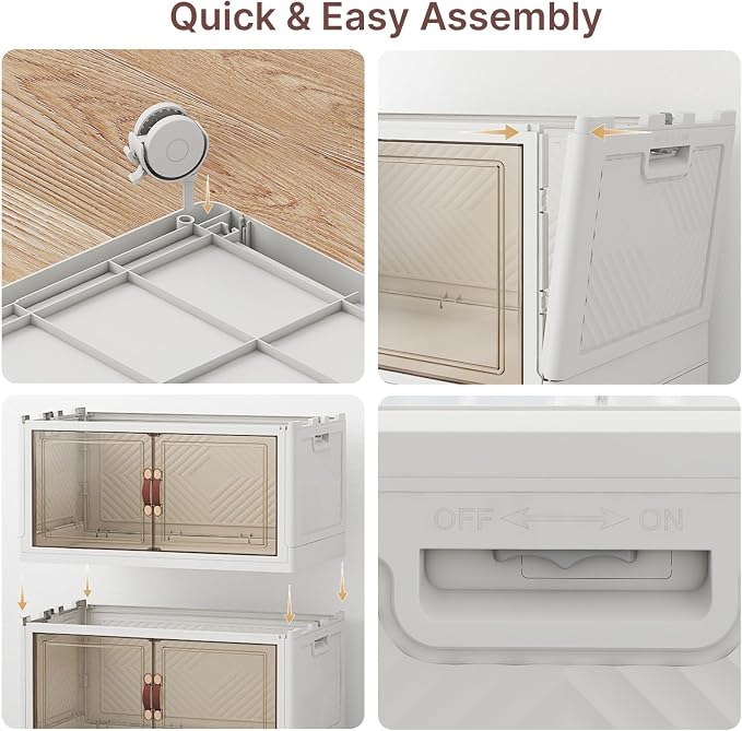 Stackable Storage Bins with Lids, 480QT Lockable Storage Cabinet | Folding Storage Box with Doors and Wheels, Collapsible Plastic Drawers for Home, Garage, Office