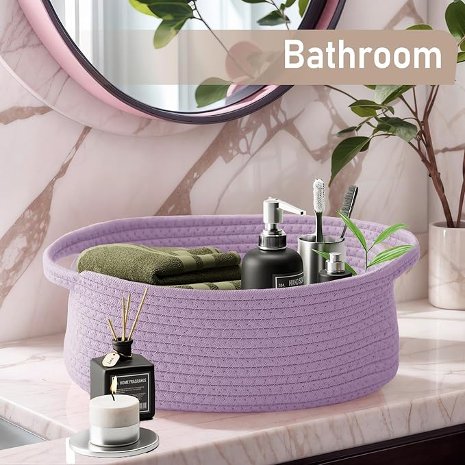 JMvicyroam Small Woven Basket, Empty Gift Basket, Purple/3 Pack | Small Gift Basket, Cotton Rope, 12 x 8 x 47 in, Handles, Includes Ribbon and Bag, Birthday Gift Basket