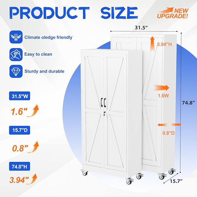 GAIOUS 74.8" Tall Metal Storage Cabinet with Lock and Wheels, File Cabinet | for Home Office, Garage Storage Cabinets with 2 Door and 5 Adjustable Shelves, Rolling Tool Cabinet, Utility Cabinet, White