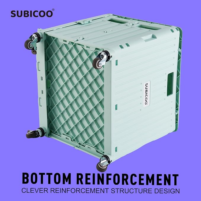 Folding Utility Cart Portable Rolling Crate Handcart Shopping Trolley Collapsible Tool Box, with Lid, on 4 Rotate Wheels, for Grocery, Shopping, Office, Camp, Teacher (Green)
