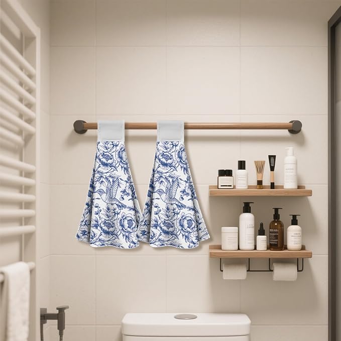 CUTHOLLOW Chinese-Style Flowers Hanging Kitchen Towels with Loop, Set of 2 - Soft & Super Absorbent Microfiber Decorative Hanging Dish & Hand Towel, Tea, Coffee Towel for Kitchen Bathroom Oven Handle