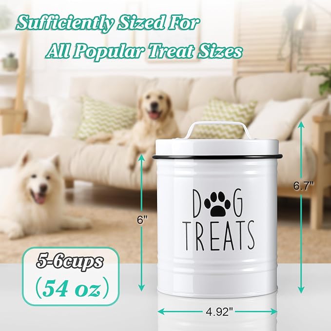 OUTNILI Small Dog Treat Container Airtight - 6" Tall X 4.9" Round White Dog Treat Jar for Kitchen Counter - Rustic Treat Storage Canister for Dogs, Cats, Small Animals - Gifts for Pet Owners