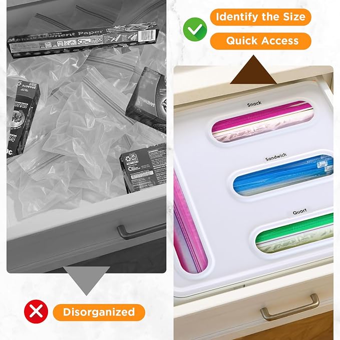 OUTXE Bag Organizer for Drawer + Fridge, Magnetic Kitchen Baggie Storage | Pantry Organization for Ziplock Plastic Food Bags | Compatible with Snack Sandwich Quart Gallon (White) | Pantry Organization for Ziplock Plastic Food Bags | Compatible with Sna...