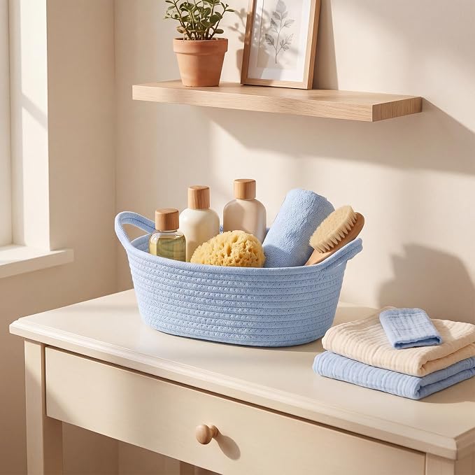 woric Small Baby Boy Gift Basket Woven Rope Basket for Baby Shower Storage | Light Blue Basket for Organizer Shelves Gifts Empty (12"X 8" X 5" with Gift Bag Card Ribbon Tissue Paper)