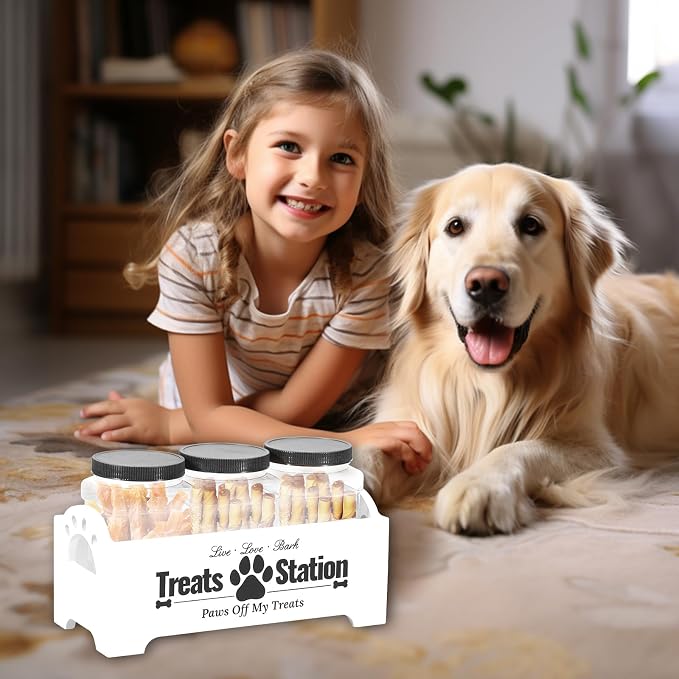 Dog Treat Container, Food Storage Container with 3 Plastic Dog Treat Jars, Reusable Cat Treat Container, Pet Treat Storage Organizer, Wood Dog Treat Holder, Dog Food Container for Dog Cat(white)
