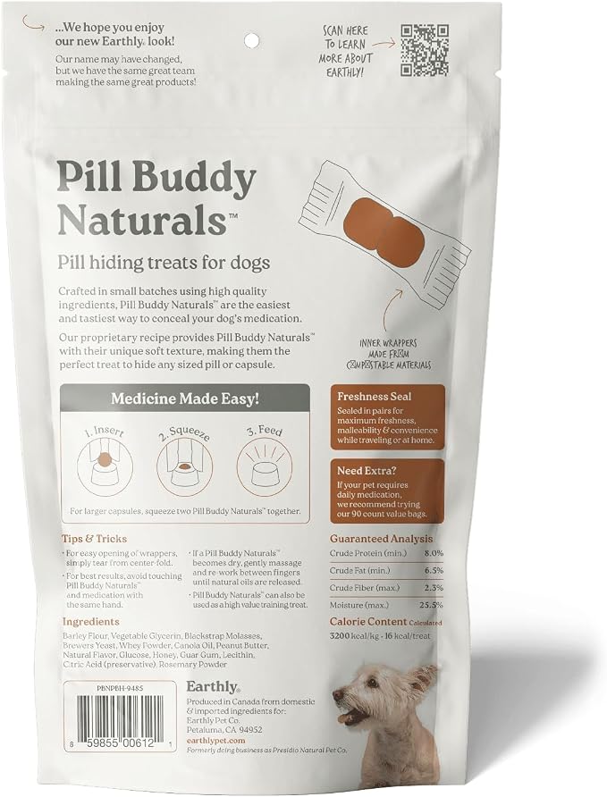 Presidio Earthly Pill Buddy Naturals - PB & Honey Recipe Pill Hiding Treats for Dogs - Make A Perfect Pill Concealing Pocket Or Pouch for Any Size Medication - 30 Servings