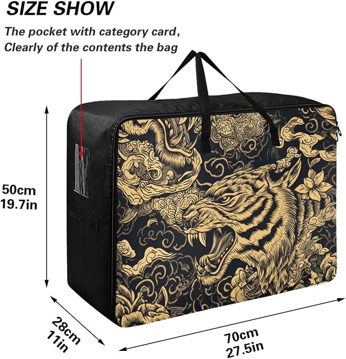 Comforter Storage Bags Large Folding Blanket Organizer Bag with Strong Handles Clear Window Closet Storage Containers for Clothes King Queen Pillows Bedding Quilt Duvet Tigers Tattoo Gold