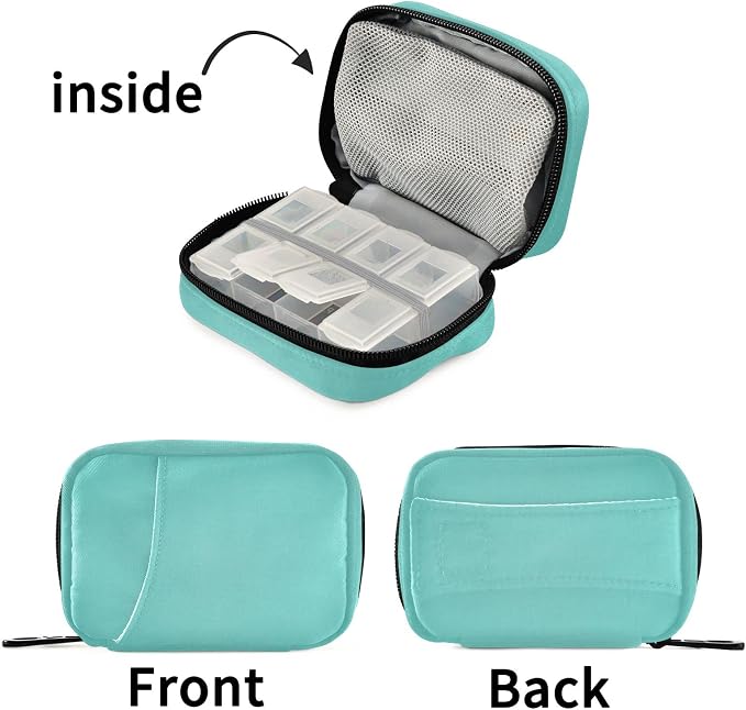 Travel Pill Case 7 Day Pill Organizer Turquoise Pill Case Portable Weekly Pill Box Bag Container Vitamin Supplement Holder with Zipper for Family Business