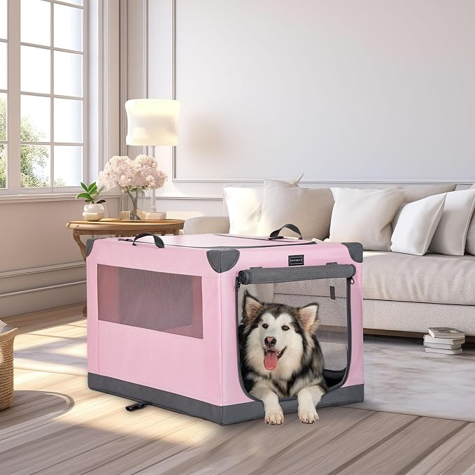 PETSFIT 40" Soft Portable Dog Crate – Patented Spiral Sturdy Frame, Collapsible Travel Kennel for Large Dogs, 3 Mesh Door, Lockable Zippers, Indoor & Car Use Pink