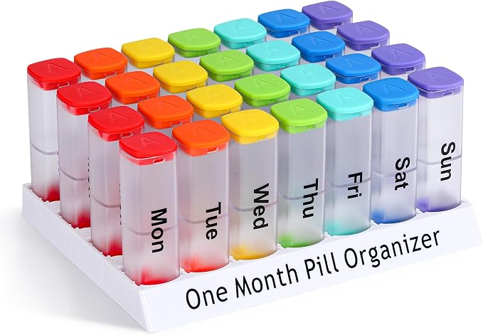 CAidRE 28 Day Pill Box, Clear Extra Large Vitamin Dispenser AM PM | 4 Week Transparent Medication Organizer, Moisture Proof Travel Pods Twice Daily, Instantly Track Your Supplements