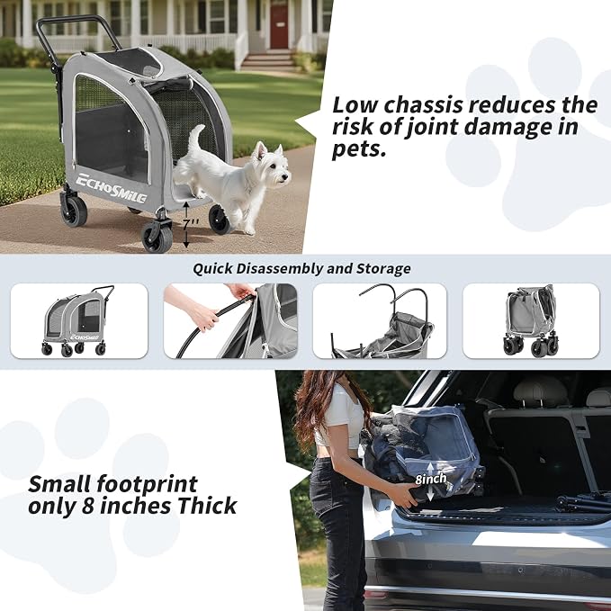 EchoSmile 4-Wheel Pet Stroller for Dogs & Cats, Up to 135 lbs, Grey | Lightweight Carrier · Storage Basket Included · Adjustable Handle · Removable Pad