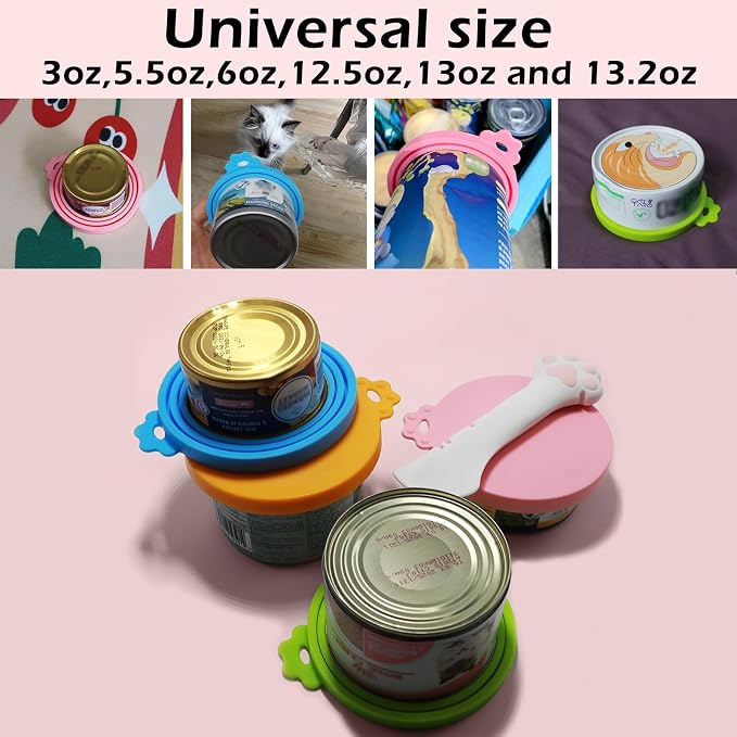 Food Can Spoon & Lids, One Multi-Functional Opener Spatula, 4 PCS BPA Free Silicone Universal Can Covers, Cute Paw Shape Spoon for Cat Dog Wet Food (Pink)